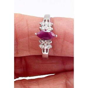 Vintage 925 Sterling Silver Marquise Ruby Ring w Clear Accents Size 7 Marked RJ